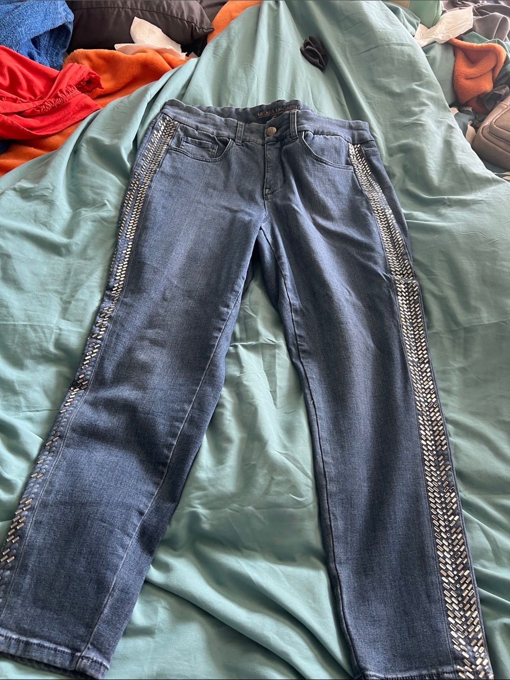 Dark Blue Women's Jeans with Side Embellished Trim